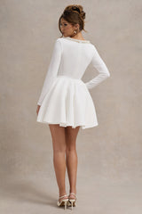 Wilder | White Square-Neck Long-Sleeve Skater Mini Dress